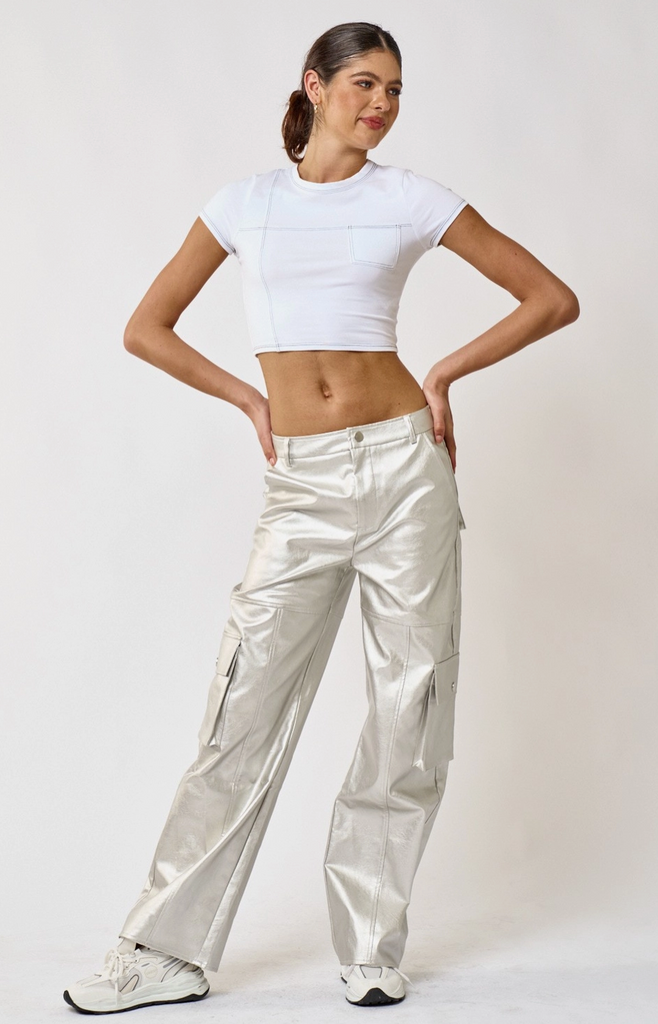 Silver Leather Cargo Pants